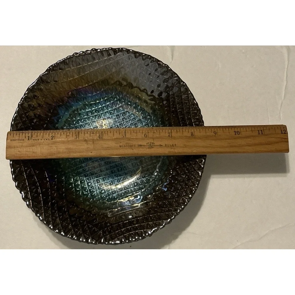 Art Glass Turkish Round Iridescent Multicolored Waffle Bowl Set Of 2 Goofus 8.5